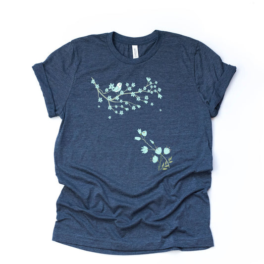 Spring Floral Tee, Beautiful Blue Flowers with Blue Bird Design on premium unisex shirt, 2 color choices, 2X, 3X, 4X, plus sizes available