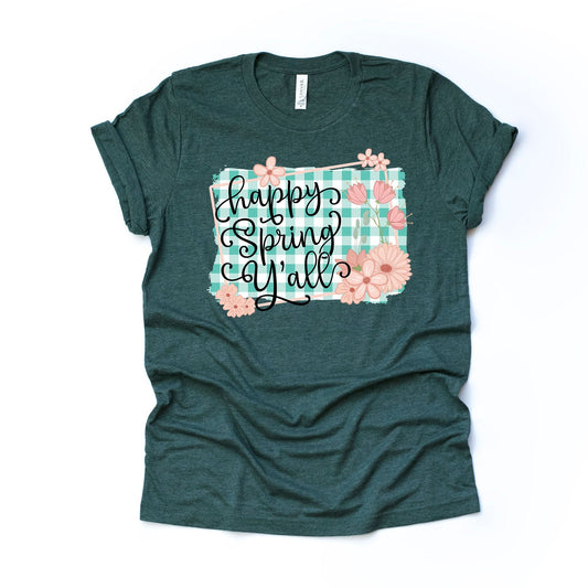 Spring Tee, Cute Happy Spring Y'all with Plaid and Flowers Design, premium unisex shirt, 2 color choices, 2X, 3X, 4X, plus sizes available