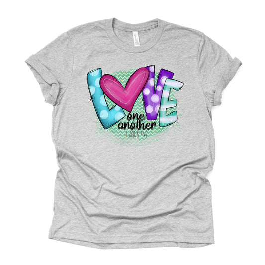 Valentine's Day Tee, LOVE One Another with Pink Heart Design on premium unisex shirt, 3 color choices, 2X, 3X, 4X, plus sizes available
