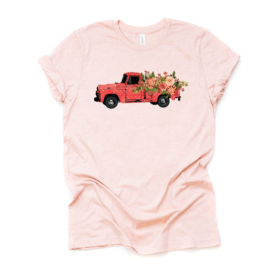 Spring Floral Tee, Vintage Pink Truck with Retro Flowers Design on premium unisex shirt, 2 color choices, 2X, 3X, 4X, plus sizes available