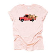 Spring Floral Tee, Vintage Pink Truck with Retro Flowers Design on premium unisex shirt, 2 color choices, 2X, 3X, 4X, plus sizes available