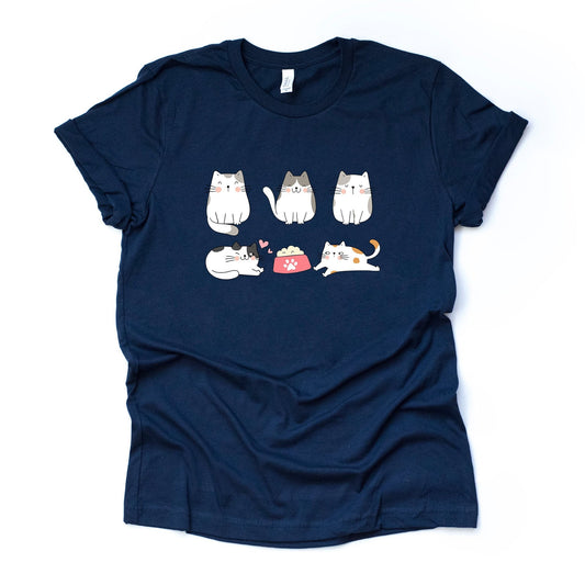 Cat Shirt, Cute Cats in a Row, Cats with Food Bowl design on premium unisex shirt, 3 color choices, 2X, 3X, 4X, plus sizes available