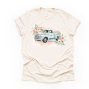 Vintage Truck Tee, Blue Floral Truck with Peach Flowers Design on premium unisex shirt, 2 color choices, 2X, 3X, 4X, plus sizes available