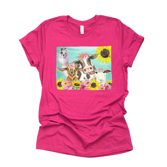 Super Fun Farm Animals Tee, Cow, Llama and Goat Sunflowers Design on premium unisex shirt, 2 color choices, 2X, 3X, 4X, plus sizes available