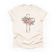 Christian Easter Tee, Leopard Print Open Cross, Cross Flowers Design, premium unisex shirt, 2 color choice, 2X, 3X, 4X, plus sizes available