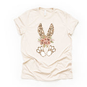 Cute Leopard Print Easter Bunny with Retro Flowers Design on premium Bella + Canvas unisex shirt, 2 color choices, plus sizes available