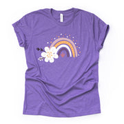 Spring Tee, Cute Purple and Mustard Rainbow with Flowers Design, premium unisex shirt, 3 color choices, 2X, 3X, 4X, plus sizes available