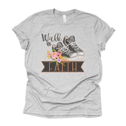 Christian Tee, Walk By Faith with Tennis Shoes and Flowers Design on premium unisex shirt, 2 color choices, 2X, 3X, 4X, plus sizes available