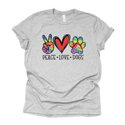 Dog Shirt, Peace, Love, Dogs, PEACE LOVE DOGS tie dye design on premium unisex shirt, 2 color choices, 2X, 3X, 4X, plus sizes available