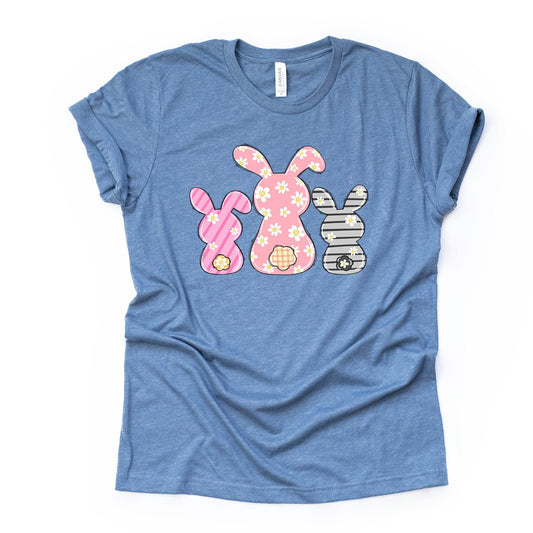 Easter Tee, Three Cute Pastel Bunnies in Stripes and Flowers Design, premium unisex shirt, 3 color choices, 2X, 3X, 4X, plus sizes available