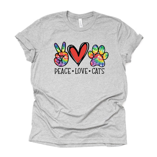 Cat Shirt, Peace, Love, Cats, PEACE LOVE CATS tie dye design on premium unisex shirt, 2 color choices, 2X, 3X, 4X, plus sizes available