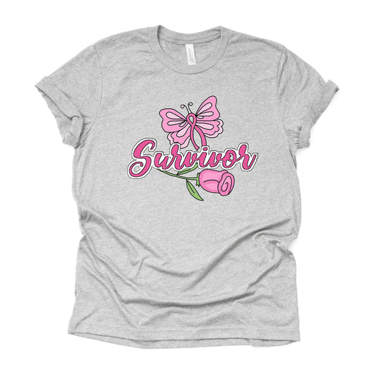 Breast Cancer Awareness, Breast Cancer Survivor Pink Rose and Butterfly on premium Bella + Canvas unisex shirt, 3 color choices, plus sizes