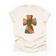 Christian Tee, Beautiful Floral and Leopard Print Cross Design, premium unisex shirt, 2 color choices, 2X, 3X, 4X, plus sizes available