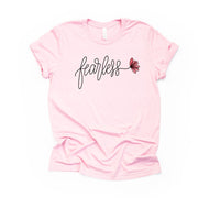 Simple Word Design Art, Fearless with Flower Design on premium unisex shirt, 2 color choices, 2X, 3X, 4X, plus sizes
