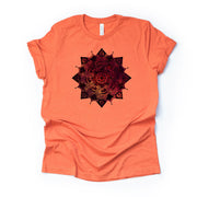 Maroon, Orange and Yellow Ombre Mandala, Beautiful Ombre Mandala Design on premium Bella + Canvas unisex shirt, 3 color choices, plus sizes