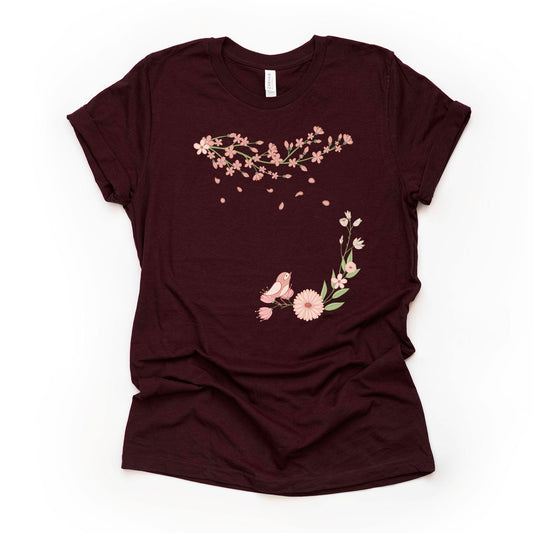 Spring Floral Tee, Beautiful Pink Flowers with Pink Bird Design on premium unisex shirt, 2 color choices, 2X, 3X, 4X, plus sizes available