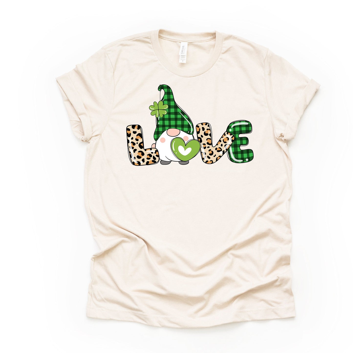 Super Cute LOVE Saint Patrick's Day Gnome with Leopard Print Design on premium unisex tee, 2 color choices, 2X, 3X, 4X, plus sizes available