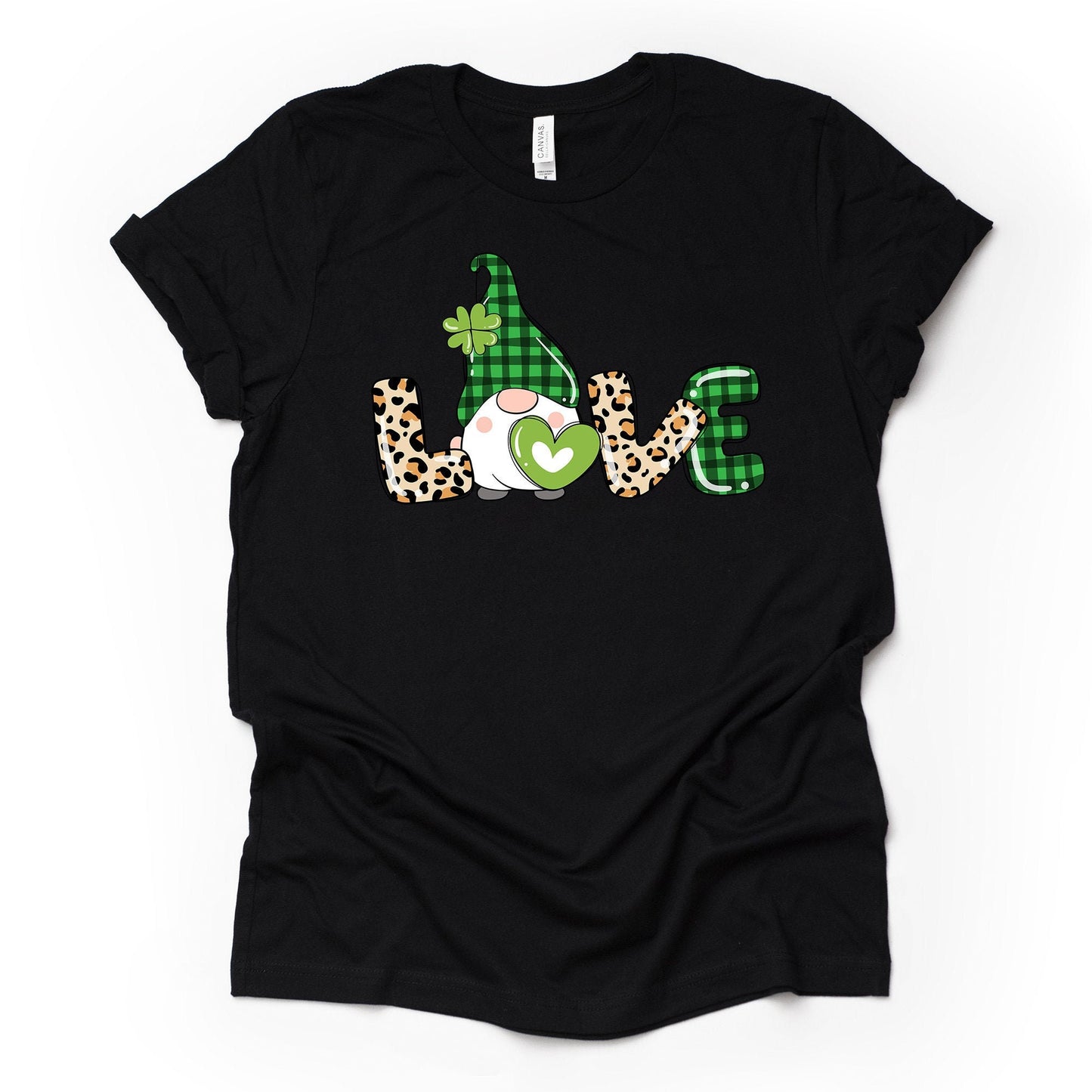 Super Cute LOVE Saint Patrick's Day Gnome with Leopard Print Design on premium unisex tee, 2 color choices, 2X, 3X, 4X, plus sizes available