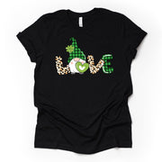 Super Cute LOVE Saint Patrick's Day Gnome with Leopard Print Design on premium unisex tee, 2 color choices, 2X, 3X, 4X, plus sizes available