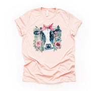 Cow Tee, Black and White Cow with Pink Bow and Flowers Design on premium unisex shirt, 2 color choices, 2X, 3X, 4X, plus sizes available