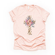 Christian Easter Tee, Leopard Print Cross, Cross Flowers Design, premium unisex shirt, 2 color choices, 2X, 3X, 4X, plus sizes available