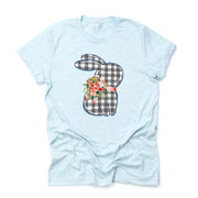 Easter Tee, Cute Gingham Gray Plaid Bunny with Retro Flowers Design, premium unisex shirt, 3 color choices, 2X, 3X, 4X, plus sizes available