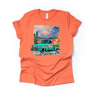 Vintage Teal Truck in Desert Scene, Make Your Own Path Design on premium unisex shirt, 3 color choices, 2X, 3X, 4X, plus sizes available