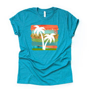Summer Beach Tee, Summer Brush Strokes with Palm Tree Design on premium unisex shirt, 3 color choices, 2X, 3X, 4X, plus sizes available