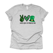 St Patrick's Day Tee, Peace, Love and St Patrick's Day Design on premium unisex tee, 2 color choices, 2X, 3X, 4X, plus sizes available