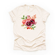 Beautiful Watercolor Bouquet of Peach to Maroon Flowers Design on premium unisex shirt, 2 color choices, 2X, 3X, 4X, plus sizes available