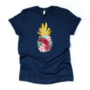 Summer Pineapple Tee, Watercolor Floral Pineapple with Golden Crown Design on premium unisex shirt, 2 color choices, plus sizes available