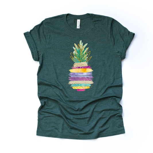 Fun Pineapple Tee, Watercolor Brush Strokes Pineapple with Green Crown Design on premium unisex shirt, 2 color choices, plus sizes available