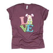 Easter Tee, Cute LOVE in Leopard Print and a Gnome Easter Design, premium unisex shirt, 2 color choices, 2X, 3X, 4X, plus sizes available