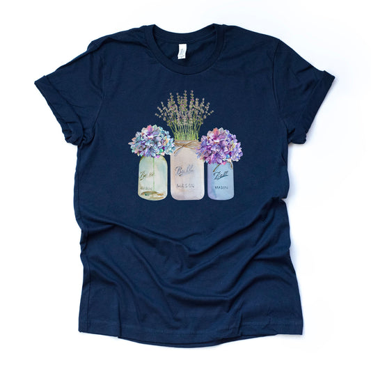 Hydrangea and Lavendar Flowers in Jars Shirt, Flowers in Mason Jar Design, premium unisex shirt, 3 color choices, plus sizes available