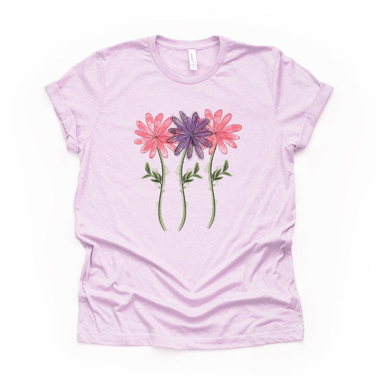 Spring Flowers Tee, Cute Watercolor Pink and Purple Flowers Design, premium unisex shirt, 3 color choices, plus sizes available