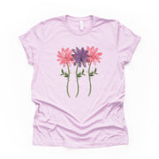 Spring Flowers Tee, Cute Watercolor Pink and Purple Flowers Design, premium unisex shirt, 3 color choices, plus sizes available