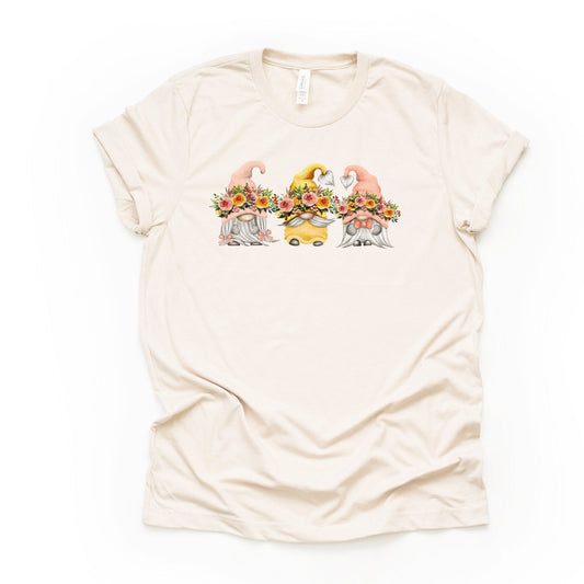 Spring Gnomes Tee, Peach and Gold Gnomes Crowned with Flowers Design on premium Bella + Canvas unisex shirt, 3 color choices, plus sizes