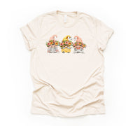 Spring Gnomes Tee, Peach and Gold Gnomes Crowned with Flowers Design on premium Bella + Canvas unisex shirt, 3 color choices, plus sizes