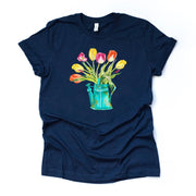 Spring Flowers Tee, Beautiful Spring Tulips in Old Can Design on premium unisex shirt, 3 color choices, 2X, 3X, 4X, plus sizes available