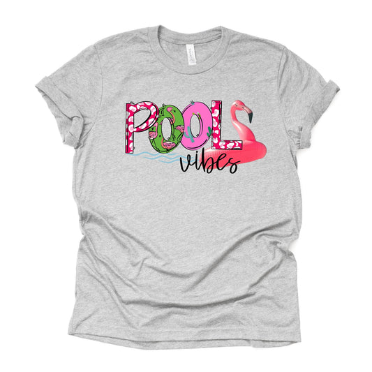Pool Day Tee, Cute Pool Vibes with Flamingo Float, Pool and Flamingo Design on premium unisex shirt, 2 color choices, plus sizes available