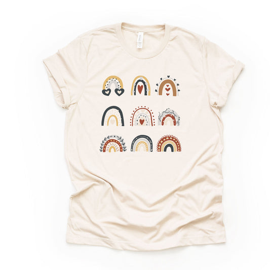 Rainbow Tee, Cute Boho Rainbows in a Row Design on premium Bella + Canvas unisex shirt, 2 color choices, plus sizes available
