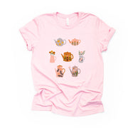 Super Cute Tea Pots Tee, Boho TeaPots in a Row Design on premium Bella + Canvas unisex shirt, 2 color choices, plus sizes available