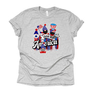 Patriotic Tee, Patriotic Gnomes, God Bless America, USA Gnomes Design on premium unisex shirt, 3 color choices, plus sizes available