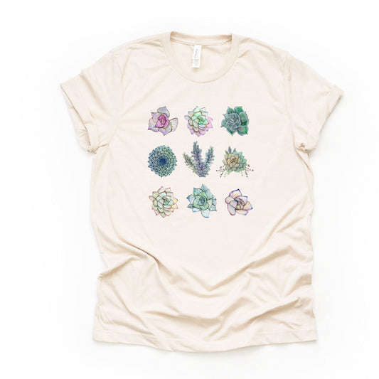 Succulents Tee, Super Cute Succulents in a Row Design on premium unisex shirt, 3 color choices, plus sizes available