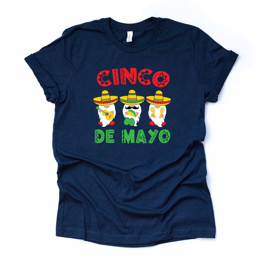 Gnomes Tee, Cute Cinco de Mayo Gnomes, May 5th Gnomes Sombreros Design on premium Bella + Canvas unisex shirt, 3 color choices, plus sizes