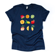 Summer Shirt, Super Cute Watercolor Fruit in a Row Design on premium unisex shirt, 3 color choices, 2X, 3X, 4X, plus sizes available