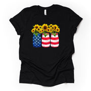 Patriotic Tee, American Flag Mason Jars with Sunflowers Design on premium Bella + Canvas unisex shirt, 3 color choices, plus sizes available