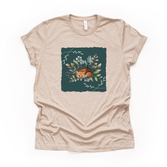Vintage Floral Postcard Tee, Cute Sleeping Fox Postcard Design on premium Bella + Canvas unisex shirt, 2 color choices, plus sizes available
