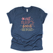 Beach Life, Eat, Sleep, Beach, Repeat, Funny Beach Tee Design on premium Bella + Canvas unisex shirt, 2 color choices, plus sizes available