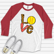 Softball Raglan, Super Fun LOVE Softball Raglan, Softball Mom, Love Softball Design on premium Raglan 3/4 sleeve shirt, plus size, 2X, 3X